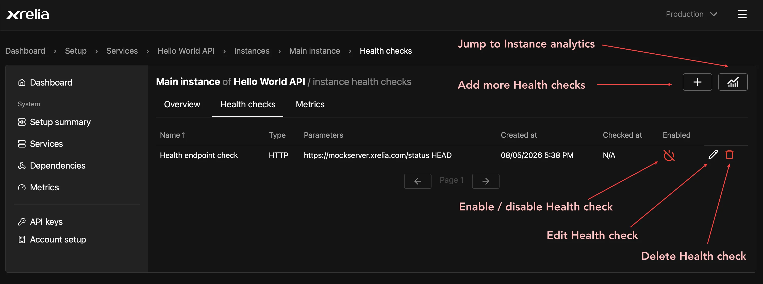 Setup menu Health checks tab